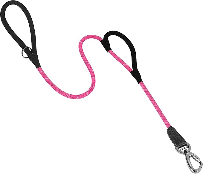PetBonus Double Handle Rope Dog Leash, 5FT Heavy Duty Training Lead with Lockable Hook and 2 Comfortable Padded Handles, Reflective Walking Nylon Leash for Large Medium Dogs (55-200 lbs, Pink)