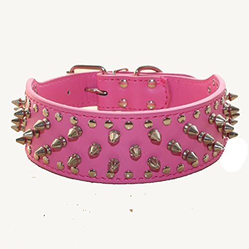 Serijoars Spiked Studded Dog Collar, PU Leather Dog Collar, Adjustable Pet Collars for Medium or Large Breed Pet (XL, Hot Pink)