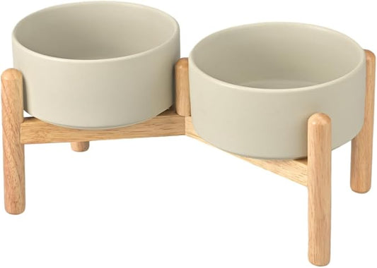 SPUNKYJUNKY Ceramics Raised Bowls with Wooden Stand - Elevated Dog Food and Water Bowl (Double 28.7OZ, Grey)
