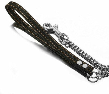 3FT/4FT/5FT Heavy Duty Silver Dog Chain Leash 14MM Stainless Steel Miami Cuban Link Chain with Durable Genuine Leather Handle for Training Walking(14mm,5ft)…