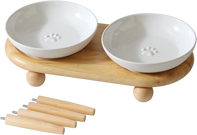 Havniva Raised Ceramic Wide Whisker Friendly Cat Dishes, Anti-Slip Food& Water Bowl with 2 Style Stand Adjustable Pet Bowl Set(2Dish+Stand, White)
