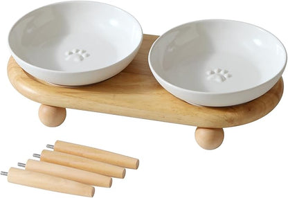 Havniva Raised Ceramic Wide Whisker Friendly Cat Dishes, Anti-Slip Food& Water Bowl with 2 Style Stand Adjustable Pet Bowl Set(2Dish+Stand, White)