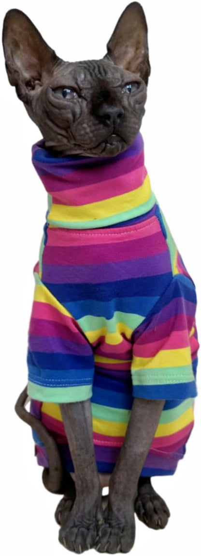 Vintage Stripes Sphynx Hairless Cats Shirt Cotton Cat Turtleneck Pet Clothes Kitten T-Shirts with Sleeves for Sphynx Cornish Rex, Devon Rex, Peterbald (Rainbow Stripe, Medium (Pack of 1))