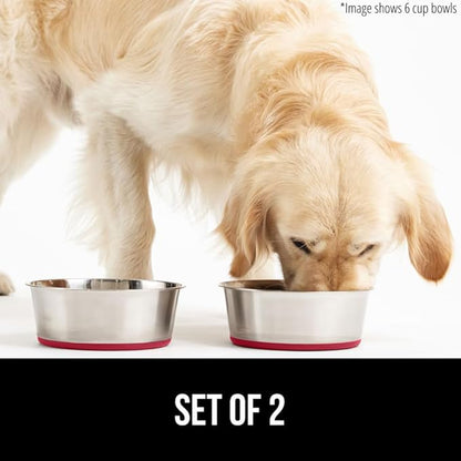 GORILLA GRIP Set of 2 Dog Bowls, Holds 8 Cups (64 fl oz), Heavy Duty Metal Food and Water Bowl for Feeding Dogs and Cats, Dishwasher Safe, Rust Resistant Stainless Steel, BPA Free Rubber Base, Red