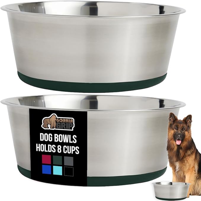 GORILLA GRIP Set of 2 Dog Bowls, Holds 8 Cups (64 fl oz), Heavy Duty Metal Food and Water Bowl for Feeding Dogs and Cats, Dishwasher Safe, Rust Resistant Stainless Steel, BPA Free Rubber Base, Green