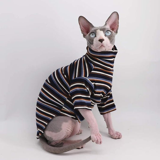 Turtle Neck Vintage Stripes Sphynx Hairless Cat Cotton T-Shirts Pet Clothes Vest Kitten Shirts Sleeveless, Cats & Small Dogs Apparel (Vintage Deep Blue, (7-8.8 lbs))