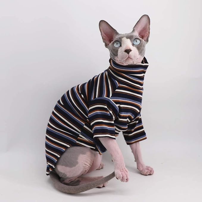 Turtle Neck Vintage Stripes Sphynx Hairless Cat Cotton T-Shirts Pet Clothes Vest Kitten Shirts Sleeveless, Cats & Small Dogs Apparel (Vintage Deep Blue, S (3.3-5 lbs))