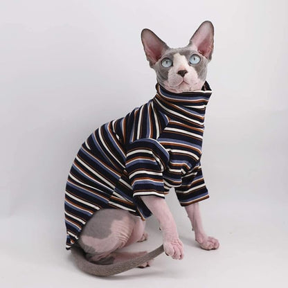 Turtle Neck Vintage Stripes Sphynx Hairless Cat Cotton T-Shirts Pet Clothes Vest Kitten Shirts Sleeveless, Cats & Small Dogs Apparel (Vintage Deep Blue, M (5-6.5 lbs))