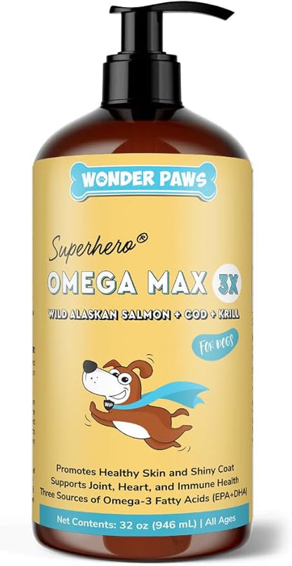Wonder Paws Fish Oil for Dogs - Omega 3 for Dogs from Alaskan Salmon, Cod & Krill Oil - EPA DHA Fatty Acids - Less Shedding & Itching - Skin, Joint, Immune & Heart Health - Liquid Supplement (32 oz)