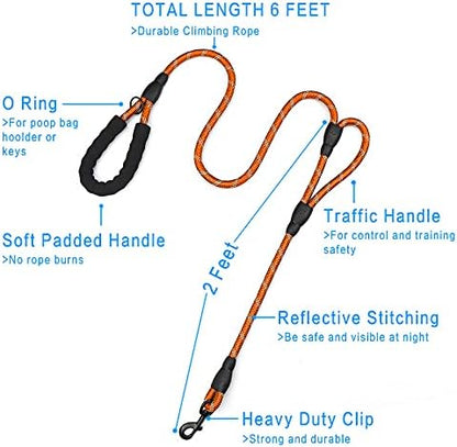 PLUTUS PET Rope Dog Leash 6ft Long,Traffic Padded Two Handle,Heavy Duty,Reflective Double Handles Lead for Control Safety Training,Leashes for Large Dogs or Medium Dogs,Dual Handles Leads(Orange)