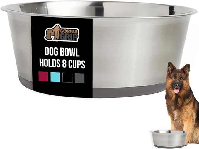 GORILLA GRIP Dog Bowl, Holds 8 Cups (64 fl oz), Heavy Duty Metal Food and Water Bowl for Feeding Dogs and Cats, Easy Clean, Dishwasher Safe, Rust Resistant Stainless Steel, BPA Free Rubber Base, Gray