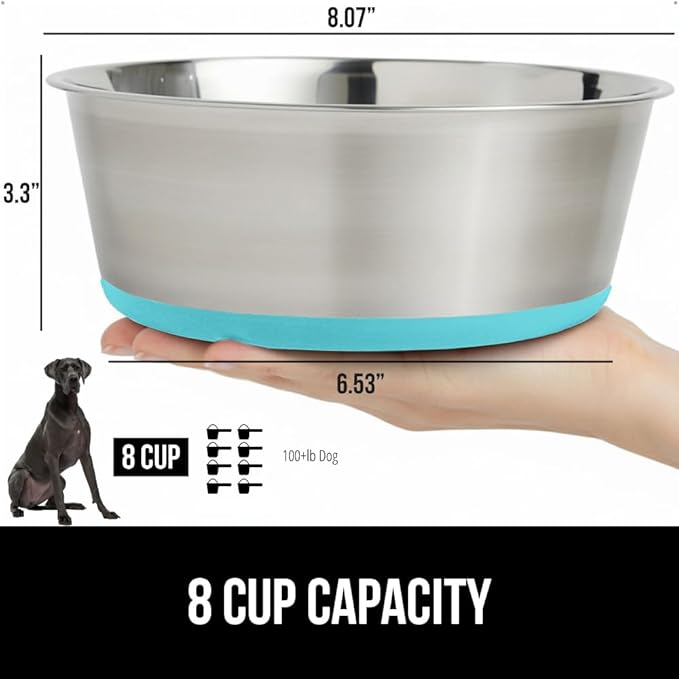 GORILLA GRIP Dog Bowl, Holds 8 Cups (64 fl oz), Heavy Duty Metal Food and Water Bowl for Feeding Dogs and Cats, Dishwasher Safe, Rust Resistant Stainless Steel, BPA Free Rubber Base, Turquoise