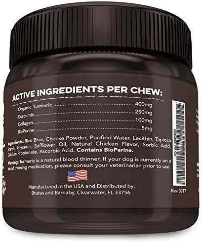 BRUTUS & BARNABY Turmeric for Dogs Anti Inflammatory Pain Relief - Curcumin for Dogs Chews with Collagen & Bioprene - Turmeric Supplement for Dogs Hips, Joint & Mobility Support (120 Count)