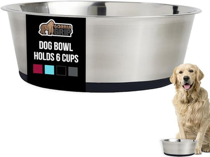 GORILLA GRIP Dog Bowl, Holds 6 Cups (48 fl oz), Heavy Duty Metal Food and Water Bowl for Feeding Dogs and Cats, Easy Clean, Dishwasher Safe, Rust Resistant Stainless Steel, BPA Free Rubber Base, Black