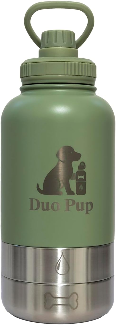 Portable Dog Water Bottle - 32 oz - Insulated with Detachable Bowls - Leak-Proof Pet Travel Bottle for Dogs (Light Green)