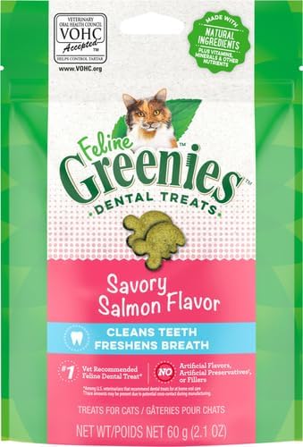Greenies Feline Adult Natural Dental Care Cat Treats, Savory Salmon Flavor, 2.1 oz. Pouch (Pack of 2)