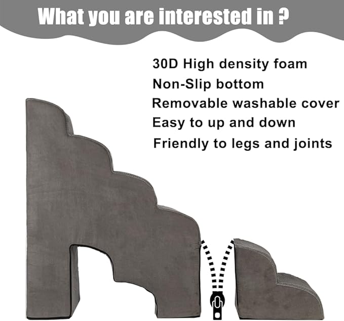 MALOROY Dog Stairs for High Beds 25-30 inches Tall, 6-Step Dog Steps for High Bed for Doggies/Kitties, 30D Foam Pet Stairs Steps for Small Dogs, Doggie Ramp/Ladder for Old Dogs/Cats, Grey