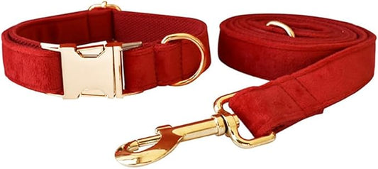 JAY D.L Dog Collar and Leash Set，Soft & Comfy Velvet Dog Collars with Heavy Duty Metal Buckle and Matching Lead Adjustable for Small Medium Large Dogs (Small, Red)