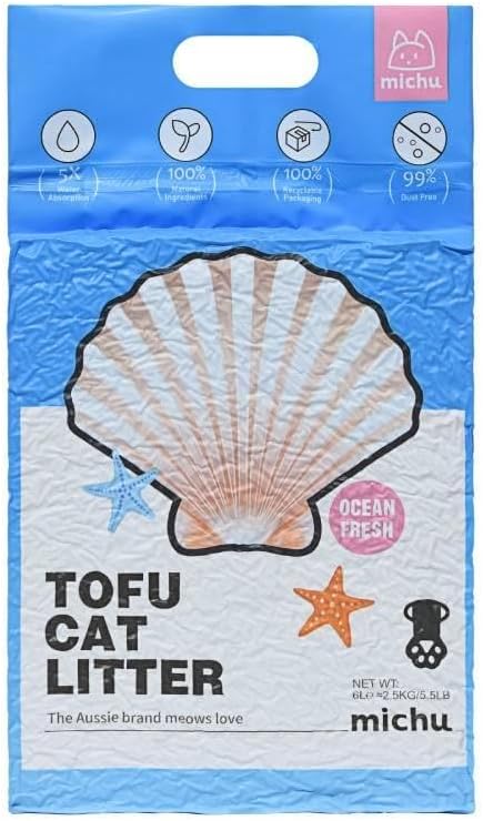 Michu Tofu Cat Litter Natural Clumping Tofu Cat Litter, Fast Clumping and Easily Scoop-able 5.5lb/88oz 5 Scents - Ocean Fresh, 12 Pack