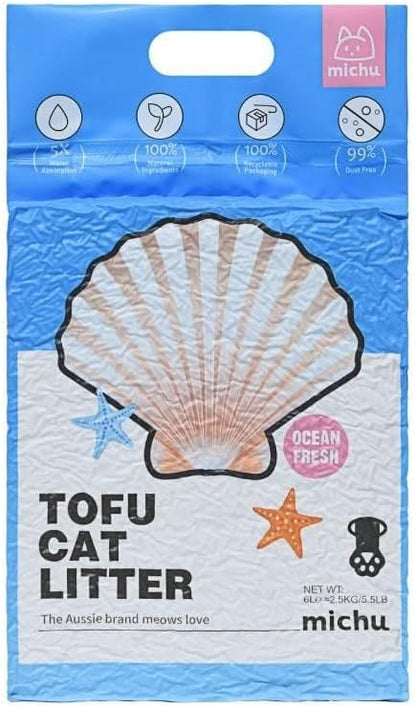 Michu Tofu Cat Litter Natural Clumping Tofu Cat Litter, Fast Clumping and Easily Scoop-able 5.5lb/88oz 5 Scents - Ocean Fresh, 12 Pack