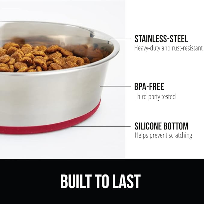 GORILLA GRIP Dog Bowls, Holds 2 Cups Each (16 fl oz), Heavy Duty Stainless Steel Food and Water Bowl for Feeding Dogs and Cats, Dishwasher Safe, Rust Resistant, BPA Free Rubber Base, Set of 2 Red