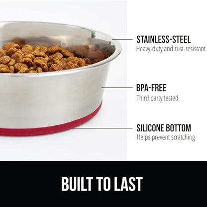 GORILLA GRIP Set of 2 Dog Bowls, Holds 4 Cups (32 fl oz), Heavy Duty Metal Food and Water Bowl for Feeding Dogs and Cats, Dishwasher Safe, Rust Resistant Stainless Steel, BPA Free Rubber Base, Red