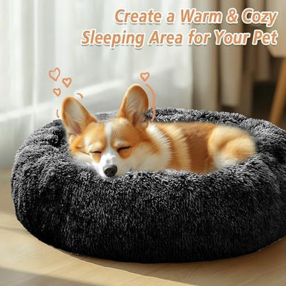 JOLLYVOGUE Calming Dog Bed Large Size Dog, Anti-Anxiety Donut Large Pet Bed, 36 inches Fluffy Faux Fur Round Cat Bed, Fits up to 75 lbs Pets (Black)