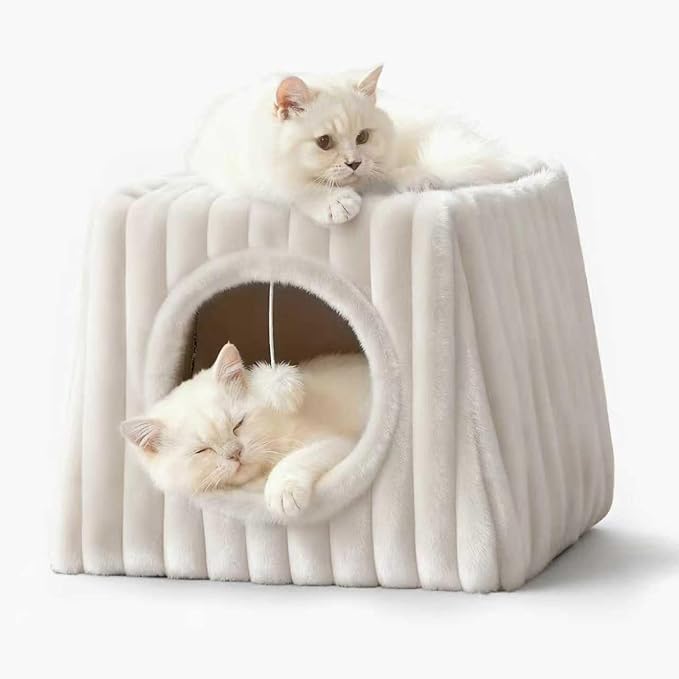 Indoor Cat House - Large Cat Bed Cave with Fluffy Balls and Scratch Pads, Foldable House and Apartment with Pads, Suitable for Multiple Cats(White, Large)