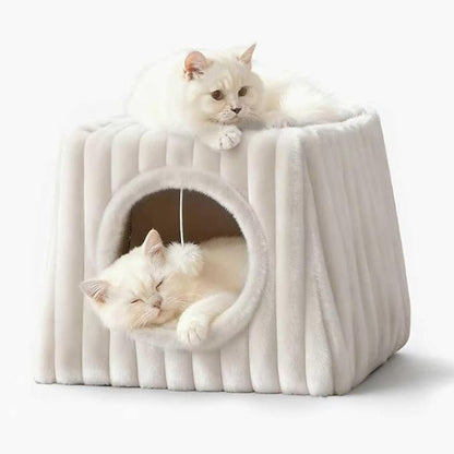 Indoor Cat House - Large Cat Bed Cave with Fluffy Balls and Scratch Pads, Foldable House and Apartment with Pads, Suitable for Multiple Cats(White, Large)