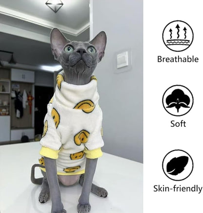 Thick Fleece Sphynx Cat Clothes, 2-Leg Winter Outfit with Smiley Face Print, Warm Flannel Shirt for Hairless Cats, Cat Cozy Cold Weather Clothing (Medium(3.5-5lbs))
