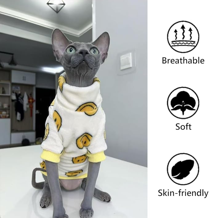 Thick Fleece Sphynx Cat Clothes, 2-Leg Winter Outfit with Smiley Face Print, Warm Flannel Shirt for Hairless Cats, Cat Cozy Cold Weather Clothing (Large(5-7lbs))