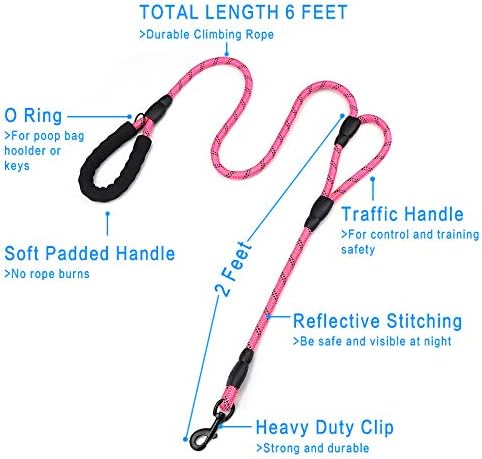 Rope Dog Leash 6ft Long,Traffic Padded Two Handle,Heavy Duty,Reflective Double Handles Lead for Control Safety Training,Leashes for Large Dogs or Medium Dogs,Dual Handles Leads(Pink)