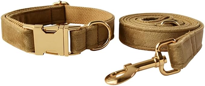 JAY D.L Dog Collar and Leash Set，Soft & Comfy Velvet Dog Collars with Heavy Duty Metal Buckle and Matching Lead Adjustable for Small Medium Large Dogs (Small, Khaki)