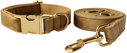 JAY D.L Dog Collar and Leash Set，Soft & Comfy Velvet Dog Collars with Heavy Duty Metal Buckle and Matching Lead Adjustable for Small Medium Large Dogs (Small, Khaki)