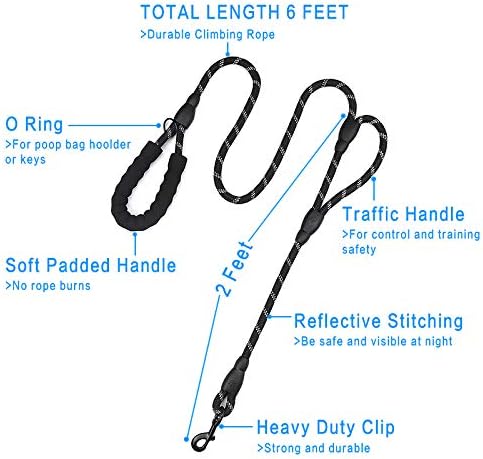 Plutus Pet Rope Dog Leash 6ft Long,Traffic Padded Two Handle,Heavy Duty,Reflective Double Handles Lead for Control Safety Training,Leashes for Large Dogs or Medium Dogs,Dual Handles Leads(Black)