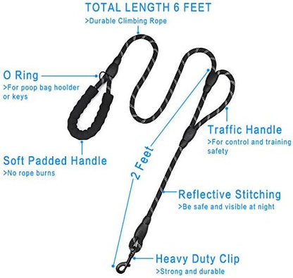 Plutus Pet Rope Dog Leash 6ft Long,Traffic Padded Two Handle,Heavy Duty,Reflective Double Handles Lead for Control Safety Training,Leashes for Large Dogs or Medium Dogs,Dual Handles Leads(Black)