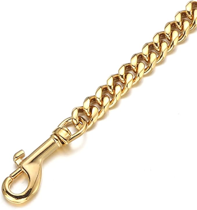 3FT/4FT/5FT Heavy Duty Gold Dog Chain Leash 14MM Stainless Steel Miami Cuban Link Chain with Durable Genuine Leather Handle for Training Walking(14mm,5ft)…