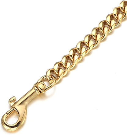 3FT/4FT/5FT Heavy Duty Gold Dog Chain Leash 14MM Stainless Steel Miami Cuban Link Chain with Durable Genuine Leather Handle for Training Walking(14mm,4ft)…