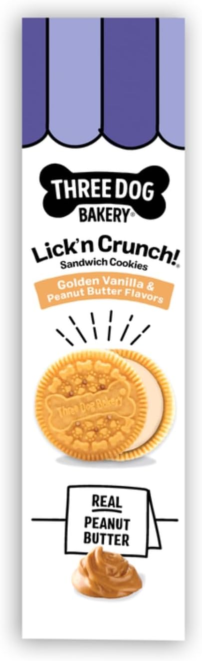 Three Dog Bakery Lick'n Crunch! Golden & Peanut Butter Dog Sandwich Cookies - Crunchy Vanilla & Creamy Peanut Butter Flavored Dog Treats, Cookies for Dogs, Dog Birthday Cookies, Dog Training Treats