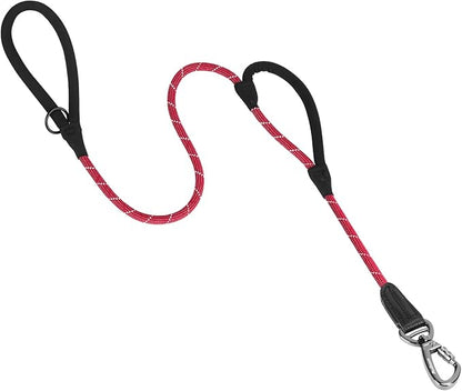 PetBonus Double Handle Rope Dog Leash, 6FT Heavy Duty Training Lead with Lockable Hook and 2 Comfortable Padded Handles, Reflective Walking Nylon Leash for Large Medium Dogs (55-200 lbs, Red)