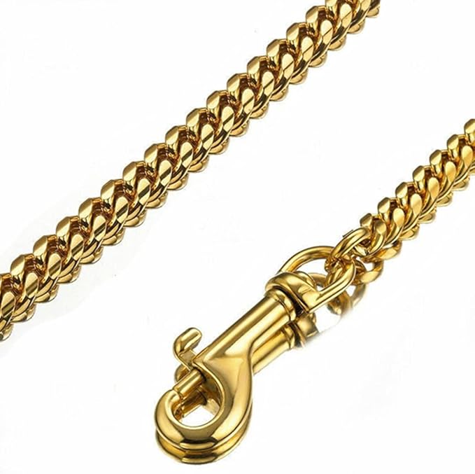 3FT/4FT/5FT Heavy Duty Gold Dog Chain Leash 10MM Stainless Steel Miami Cuban Link Chain with Durable Genuine Leather Handle for Training Walking(10mm,3ft)…