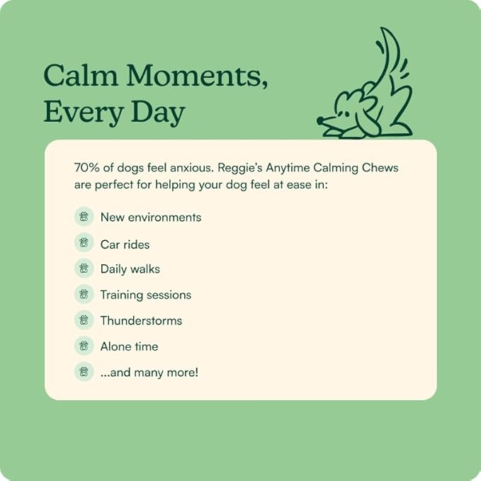 Reggie Anytime Calming Chews for Dogs | Natural Anxiety Relief with L-Theanine & Magnolia Barks | Calming Dog Treats for Separation Anxiety, Thunderstorms, Travel & Stress | 120 Soft Chews