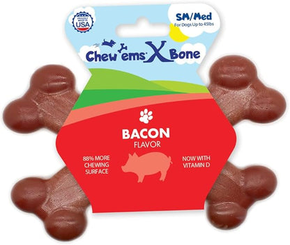 Chew’ems X Bone Dog Chew – Long-Lasting Bacon Flavor Treats for Aggressive Chewers – Rawhide-Free, Durable Dental Chews – Small Size
