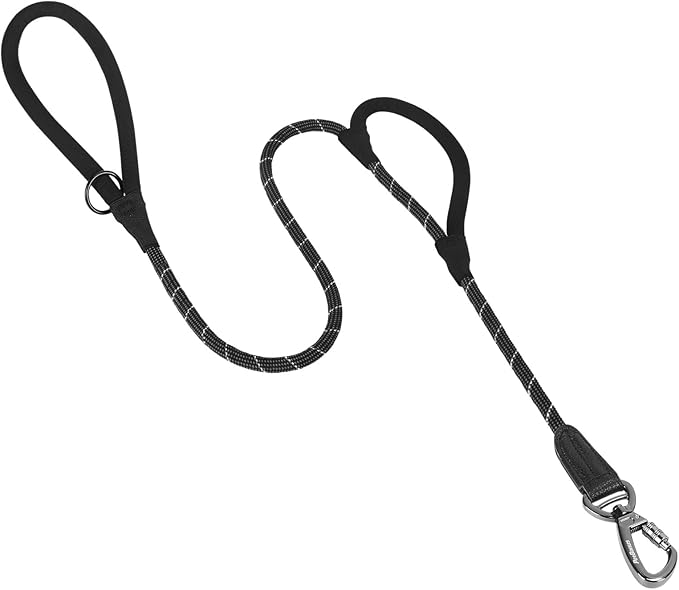 PetBonus Double Handle Rope Dog Leash, 5FT Heavy Duty Training Lead with Lockable Hook and 2 Comfortable Padded Handles, Reflective Walking Nylon Leash for Large Medium Dogs (55-200 lbs, Black Grey)