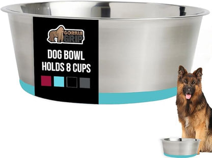 GORILLA GRIP Set of 2 Dog Bowls, Holds 8 Cups (64 fl oz), Heavy Duty Metal Food and Water Bowl for Feeding Dogs and Cats, Dishwasher Safe Rust Resistant Stainless Steel, BPA Free Rubber Base Turquoise