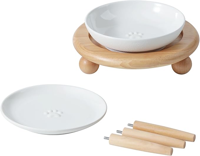 Havniva Raised Ceramic Wide Whisker Friendly Cat Dishes, Food&Water Bowl with 2 Style Stand Adjustable Pet Bowl Set(1Dish+1Shallow Dish+Stand, White