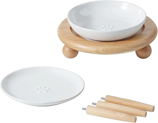 Havniva Raised Ceramic Wide Whisker Friendly Cat Dishes, Food&Water Bowl with 2 Style Stand Adjustable Pet Bowl Set(1Dish+1Shallow Dish+Stand, White
