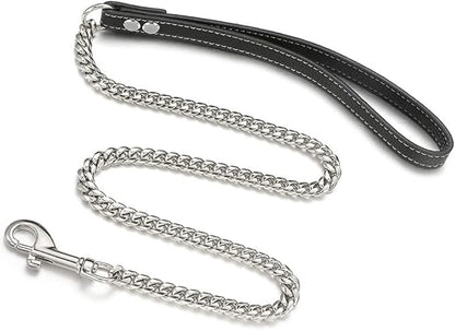 3FT/4FT/5FT Heavy Duty Silver Dog Chain Leash 10MM Stainless Steel Miami Cuban Link Chain with Durable Genuine Leather Handle for Training Walking(10mm,4ft)…
