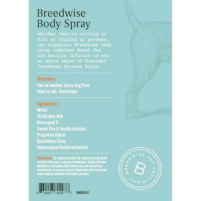Dog Deodorizing Spray | Odor-Neutralizing Freshening Body Mist with Sweet Pea & Vanilla | Safe for Daily Use | 8oz Bottle - Made in USA - Breedwise