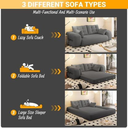 KEIKI 78.7" Foldable Human Dog Bed, 3-in-1 Multi-Functional Sleeper Sofa Bed, Teddy Fabric Foam-Filled Convertible Floor Couch for Living Room, Guest Room, Playroom, Grey